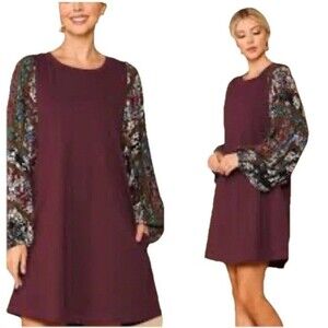 GIGIO by Umgee‎ Maroon Dress Balloon Floral Sleeves Small Side Pockets NEW